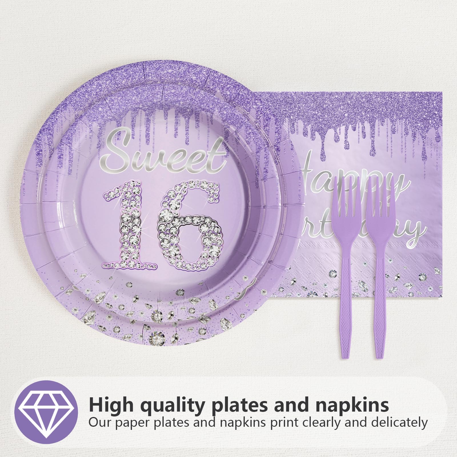 96 Pcs Light Purple 16th Birthday Party Plates and Napkins - Grencian