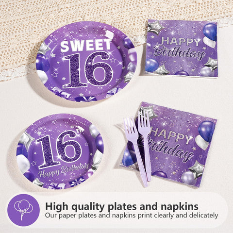 96 Pcs Purple 16th Birthday Party Plates and Napkins - Grencian