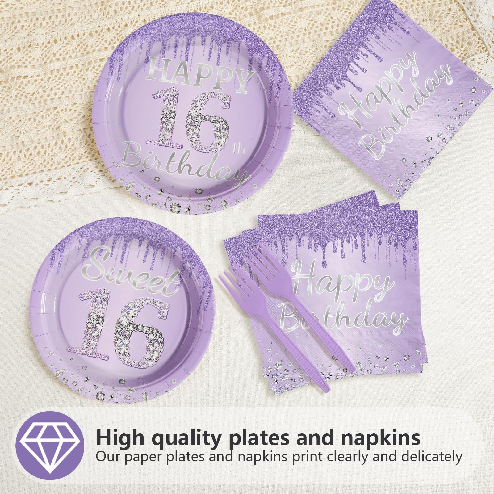 96 Pcs Light Purple 16th Birthday Party Plates and Napkins - Grencian
