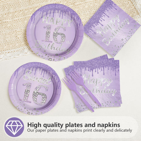 96 Pcs Light Purple 16th Birthday Party Plates and Napkins - Grencian