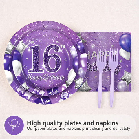 96 Pcs Purple 16th Birthday Party Plates and Napkins - Grencian
