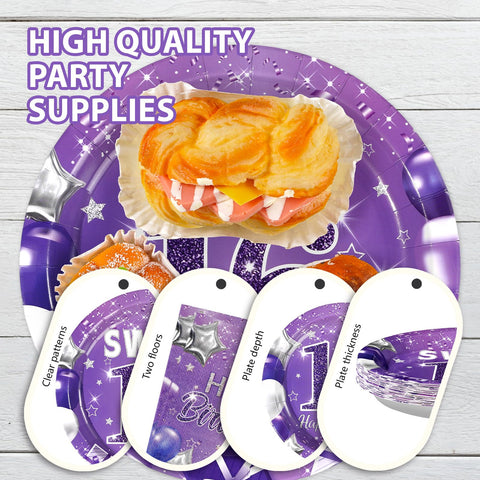 96 Pcs Purple 16th Birthday Party Plates and Napkins - Grencian