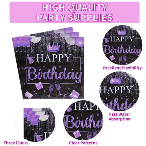 96 Pcs Purple Birthday Party Plates and Napkins - Grencian