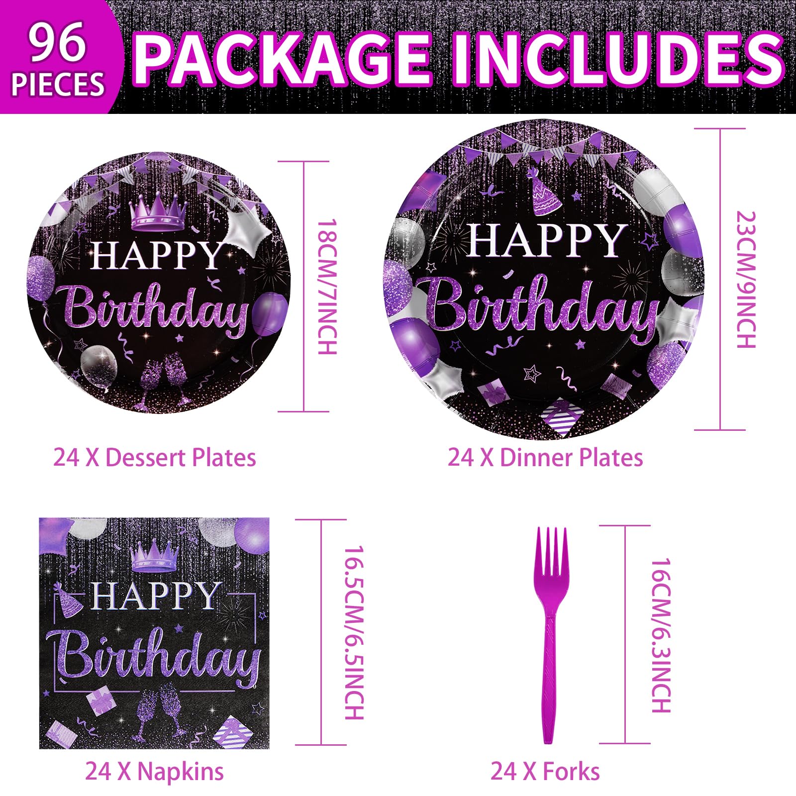 96 Pcs Purple Birthday Party Plates and Napkins - Grencian