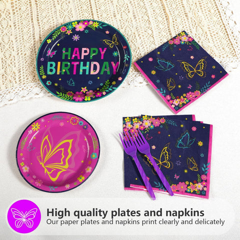 96 Pcs Purple Butterfly Birthday Party Plates and Napkins - Grencian
