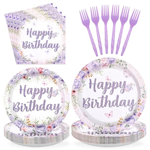 96 Pcs Purple Floral Birthday Party Plates and Napkins - Grencian