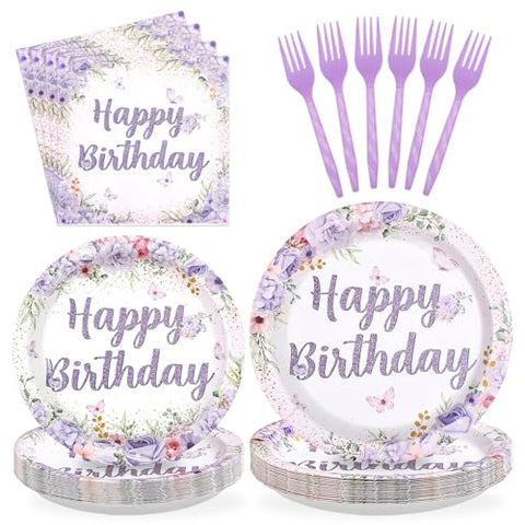 96 Pcs Purple Floral Birthday Party Plates and Napkins - Grencian