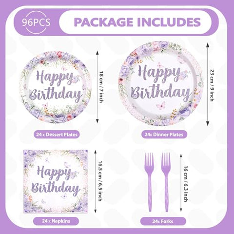 96 Pcs Purple Floral Birthday Party Plates and Napkins - Grencian