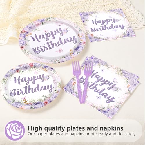96 Pcs Purple Floral Birthday Party Plates and Napkins - Grencian