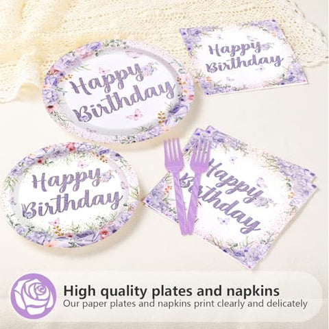 96 Pcs Purple Floral Birthday Party Plates and Napkins - Grencian