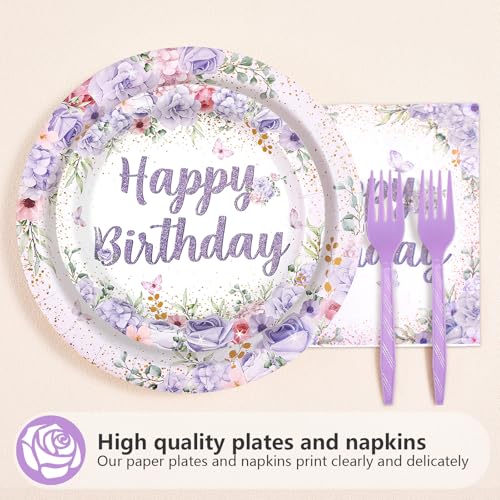 96 Pcs Purple Floral Birthday Party Plates and Napkins - Grencian
