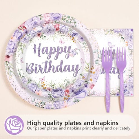 96 Pcs Purple Floral Birthday Party Plates and Napkins - Grencian