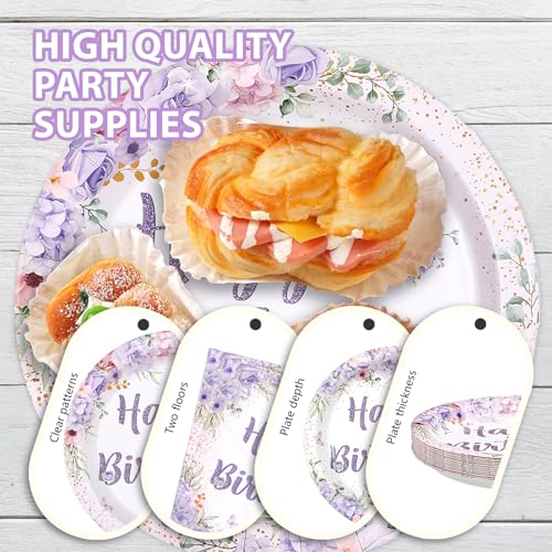 96 Pcs Purple Floral Birthday Party Plates and Napkins - Grencian