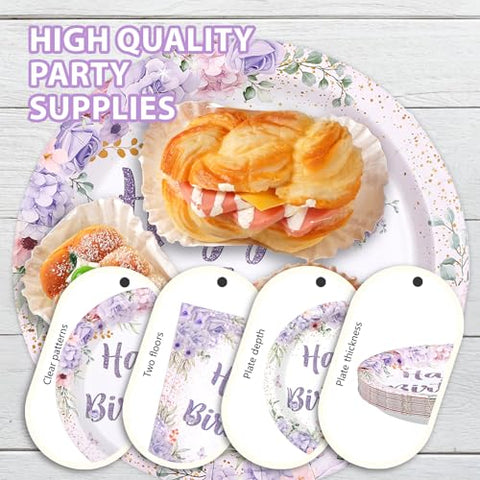 96 Pcs Purple Floral Birthday Party Plates and Napkins - Grencian