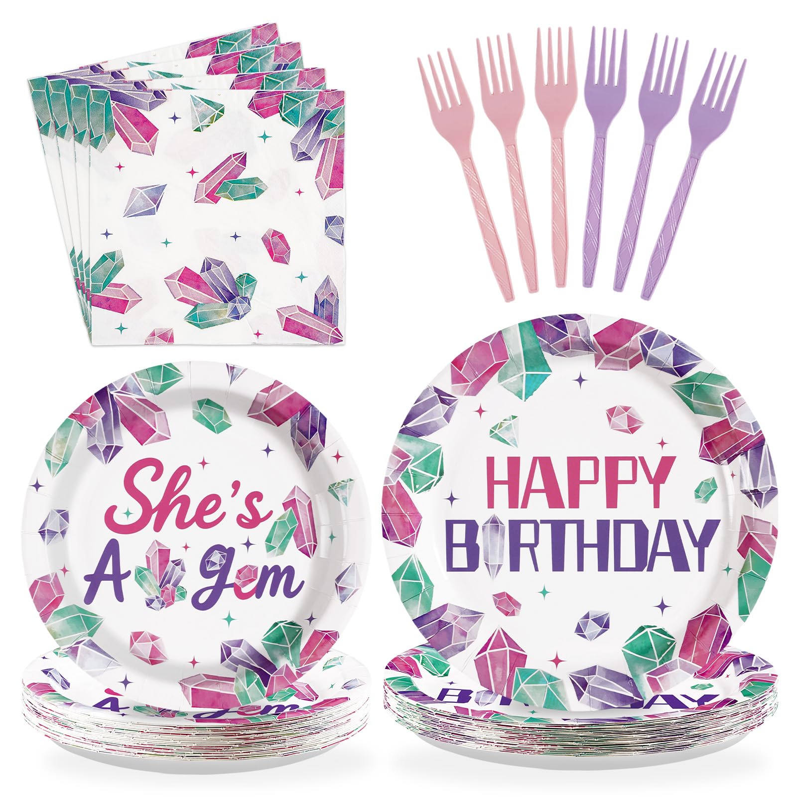 96 Pcs Purple Gem Birthday Party Plates and Napkins - Grencian