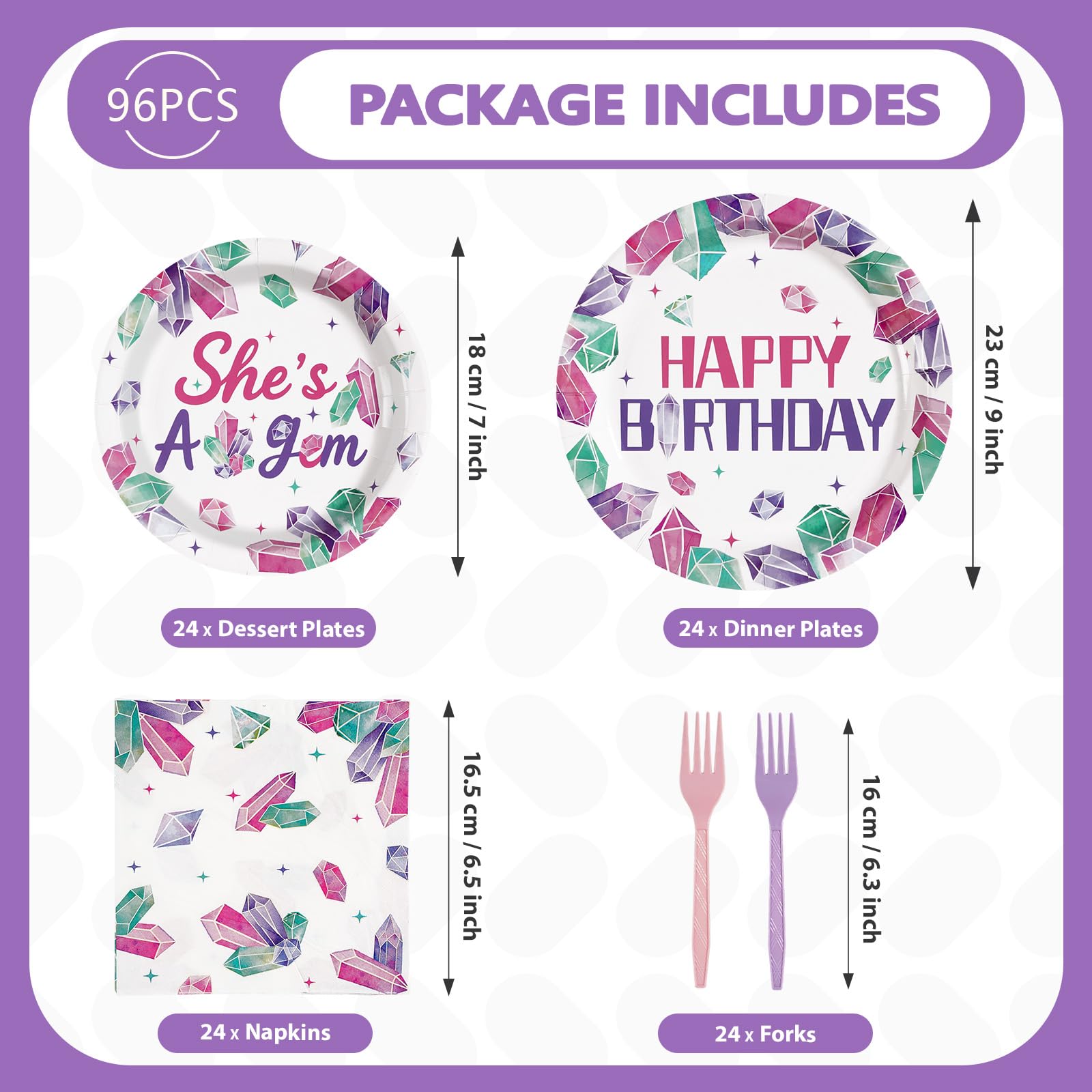 96 Pcs Purple Gem Birthday Party Plates and Napkins - Grencian