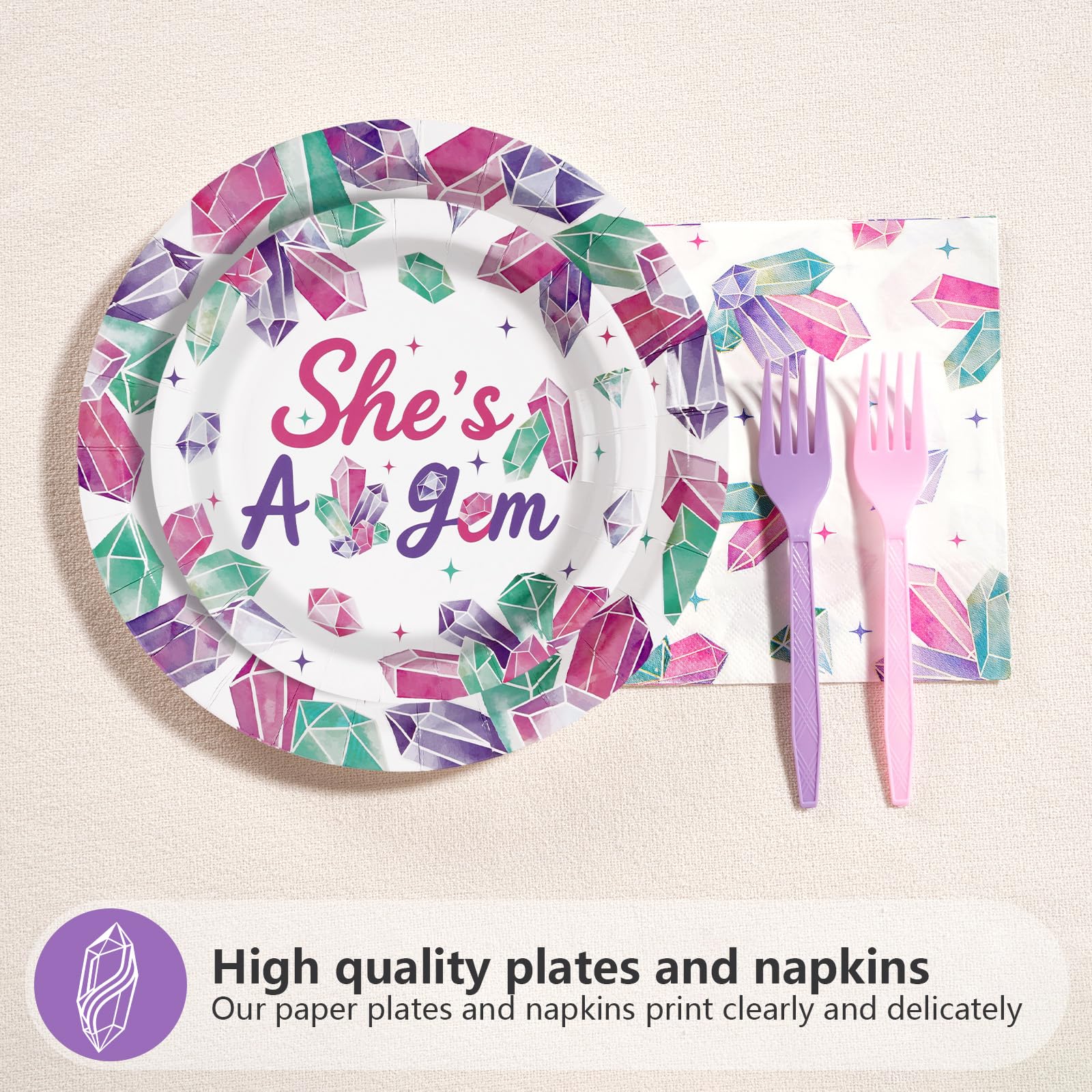 96 Pcs Purple Gem Birthday Party Plates and Napkins - Grencian
