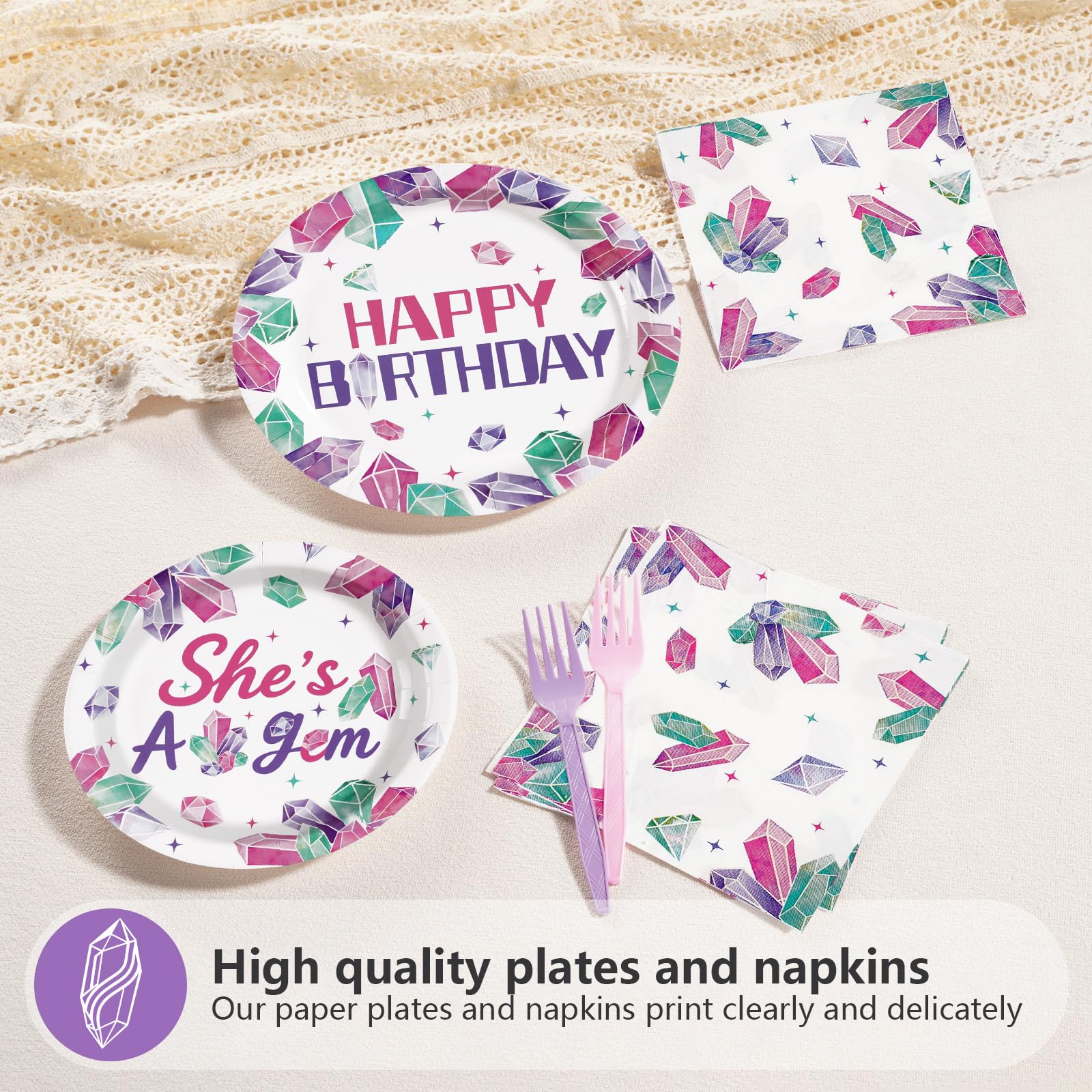 96 Pcs Purple Gem Birthday Party Plates and Napkins - Grencian