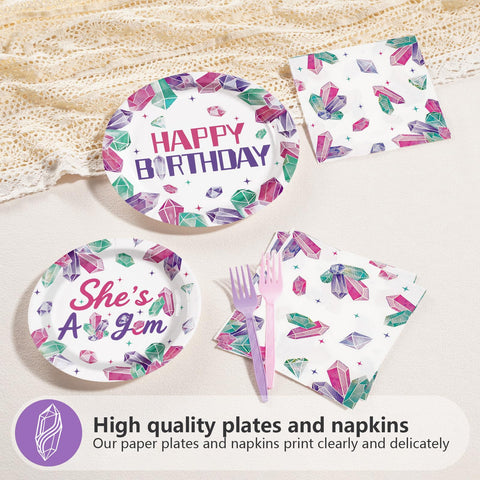 96 Pcs Purple Gem Birthday Party Plates and Napkins - Grencian