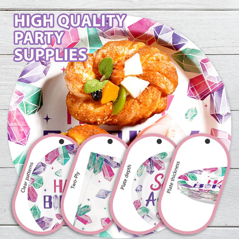 96 Pcs Purple Gem Birthday Party Plates and Napkins - Grencian