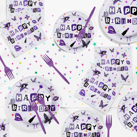 96 Pcs Purple Music Birthday Party Plates and Napkins - Grencian