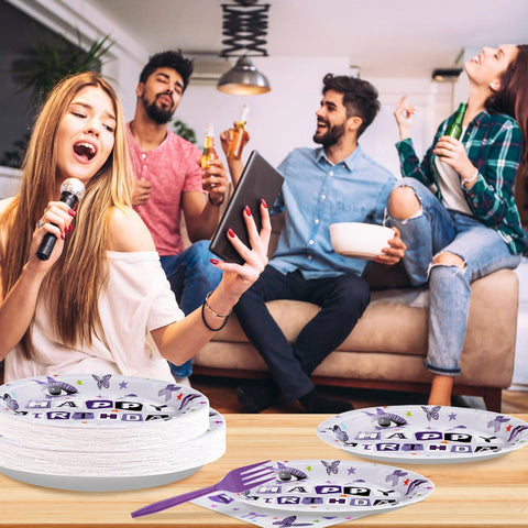 96 Pcs Purple Music Birthday Party Plates and Napkins - Grencian