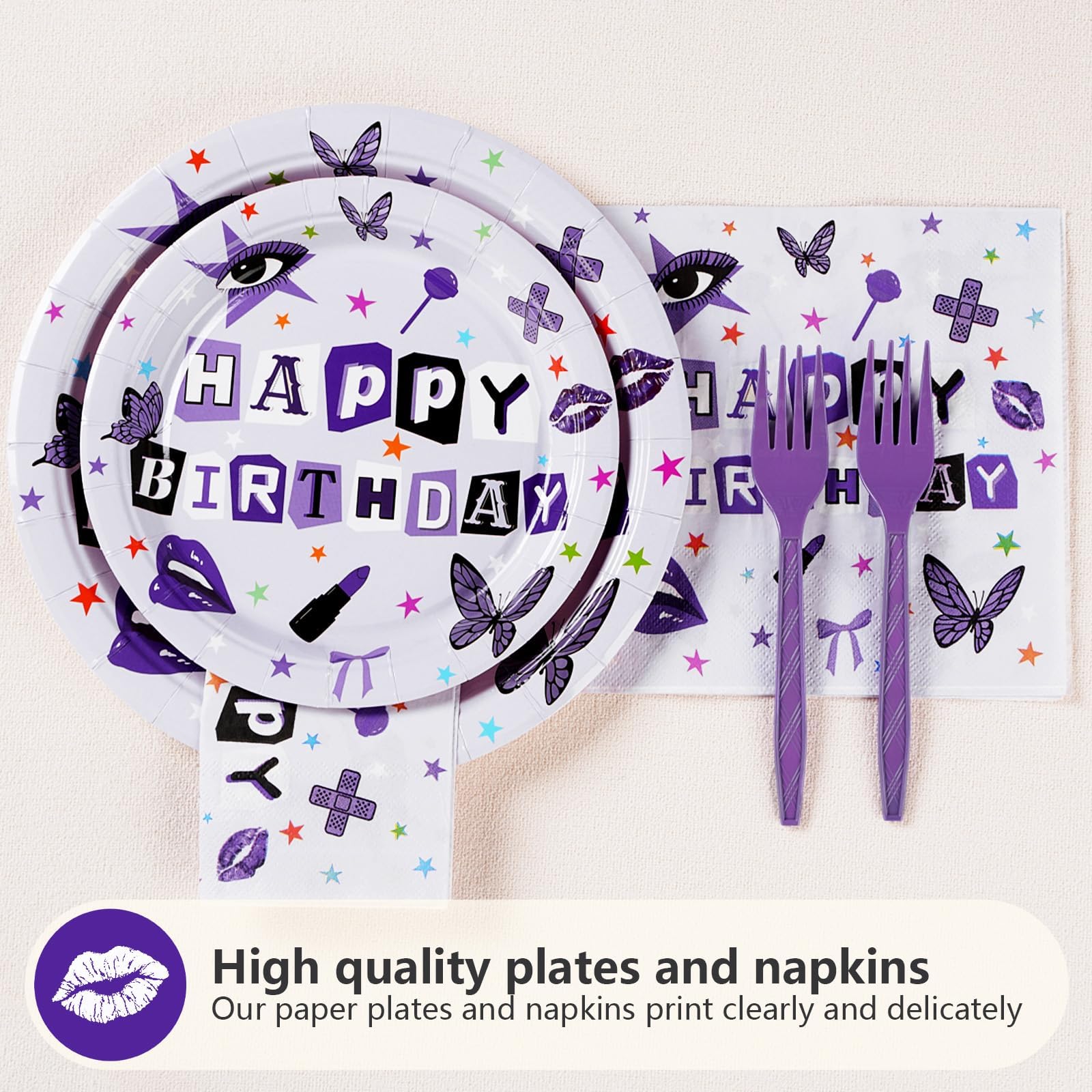 96 Pcs Purple Music Birthday Party Plates and Napkins - Grencian