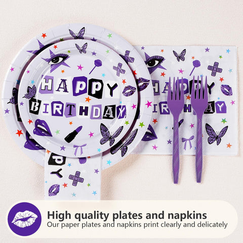96 Pcs Purple Music Birthday Party Plates and Napkins - Grencian