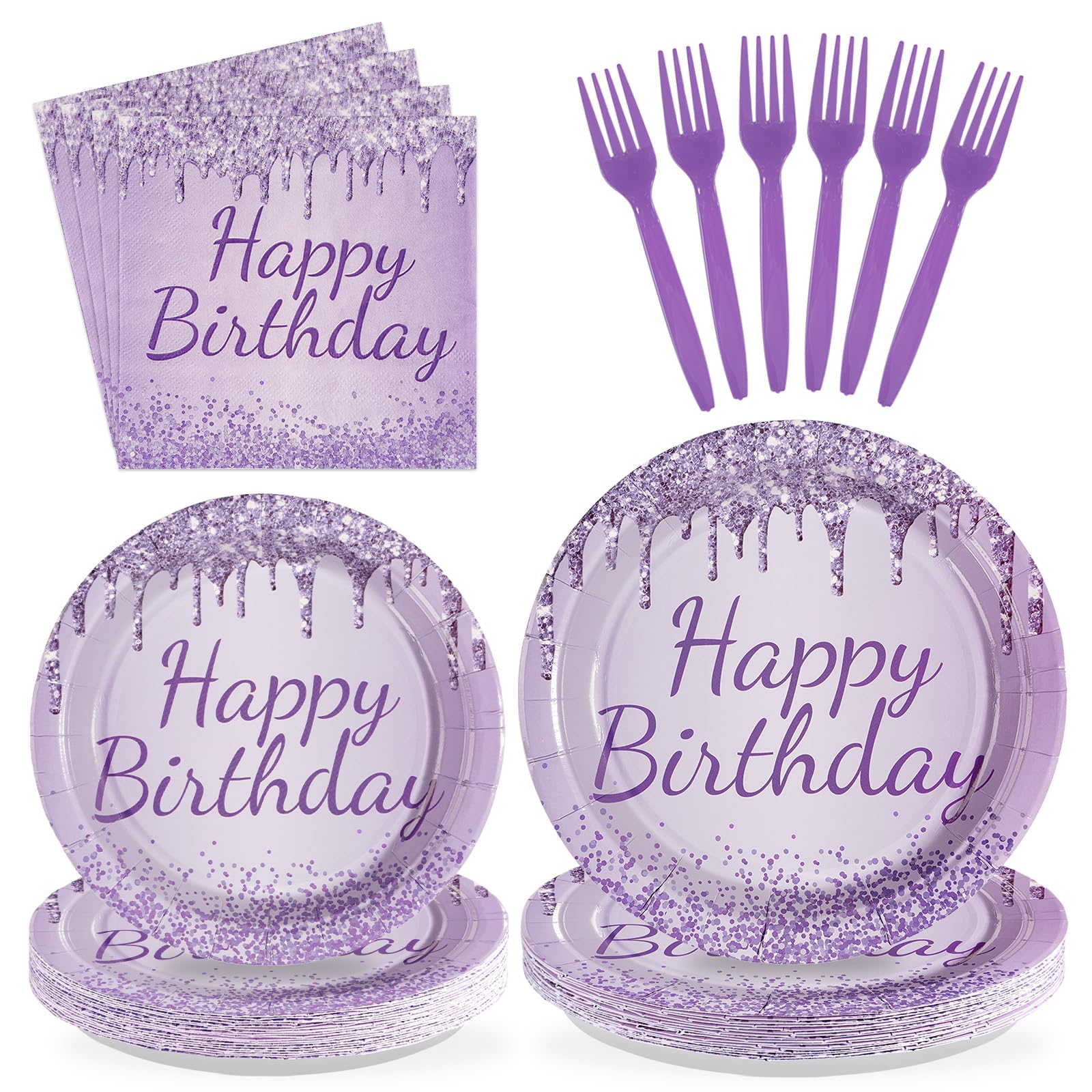 96 Pcs Purple Silver Birthday Party Plates and Napkins - Grencian