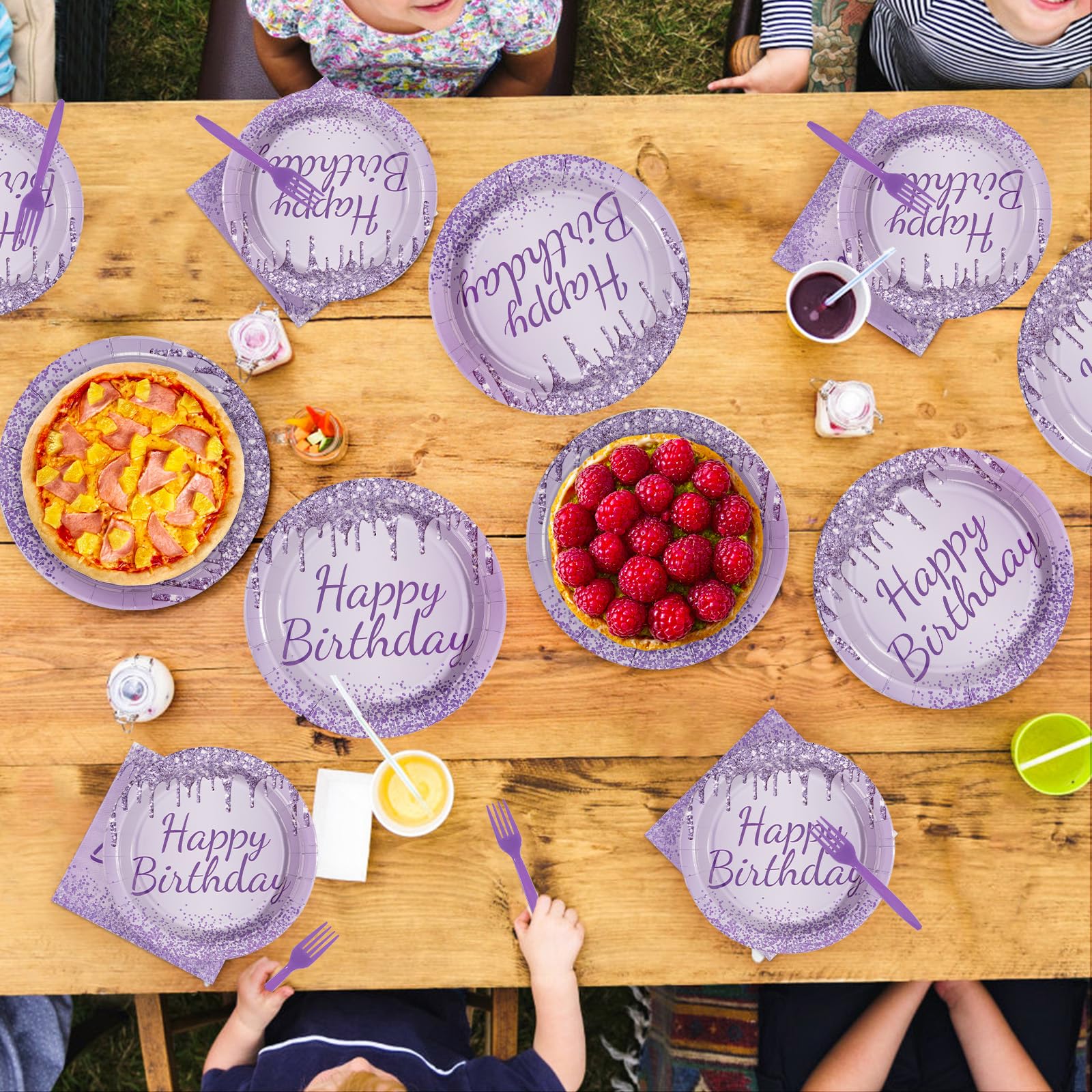 96 Pcs Purple Silver Birthday Party Plates and Napkins - Grencian