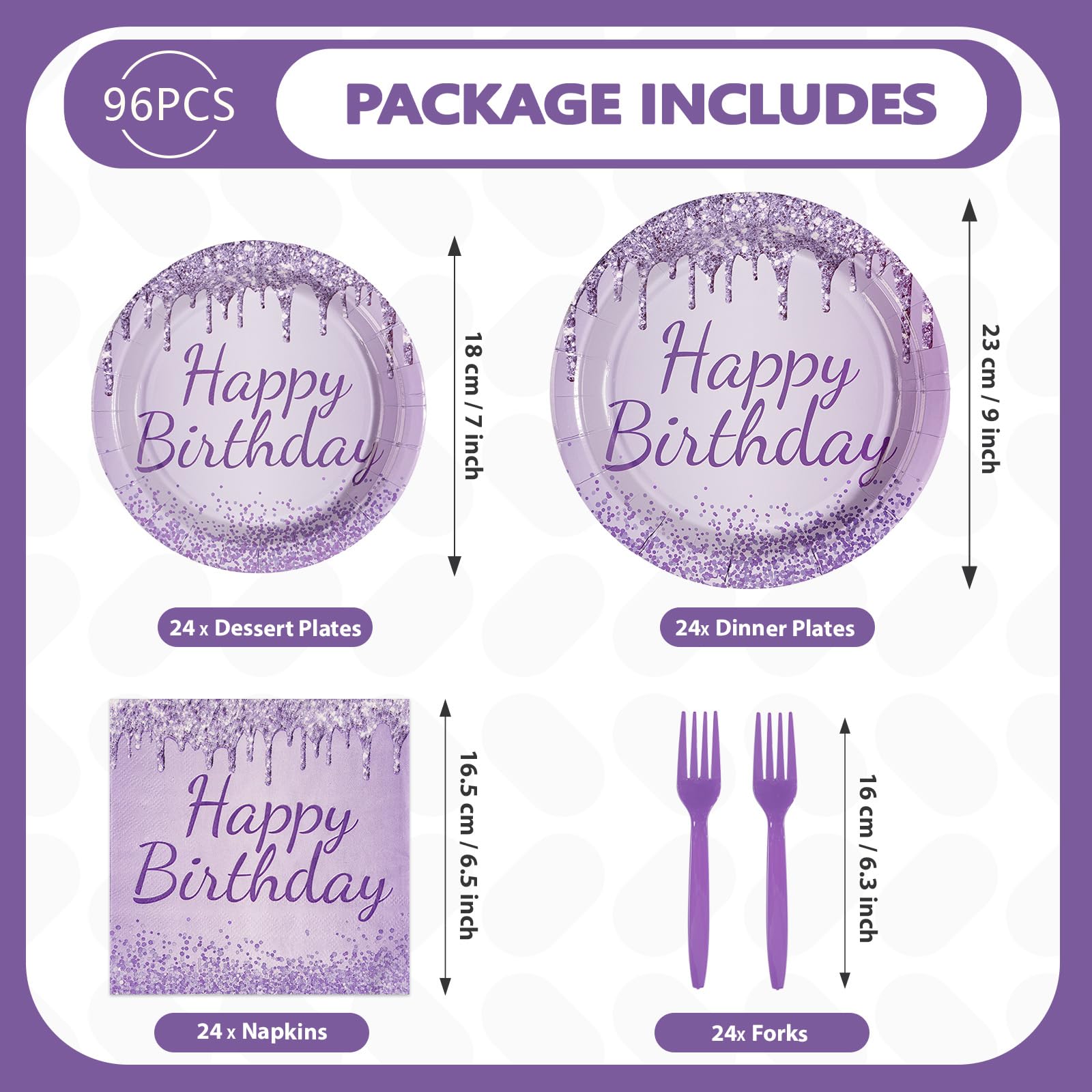 96 Pcs Purple Silver Birthday Party Plates and Napkins - Grencian