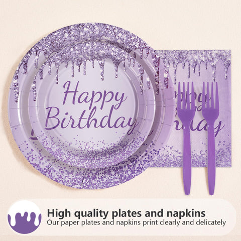 96 Pcs Purple Silver Birthday Party Plates and Napkins - Grencian
