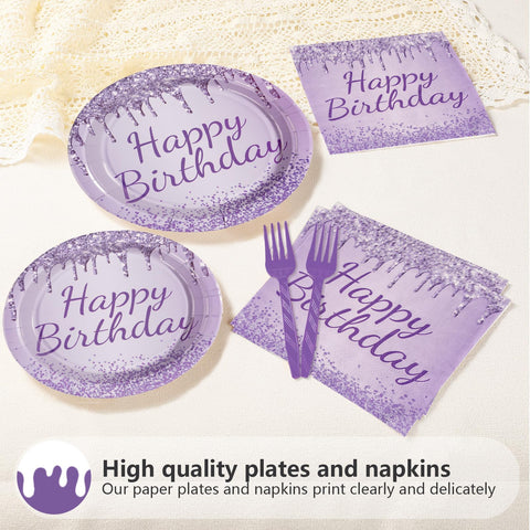 96 Pcs Purple Silver Birthday Party Plates and Napkins - Grencian