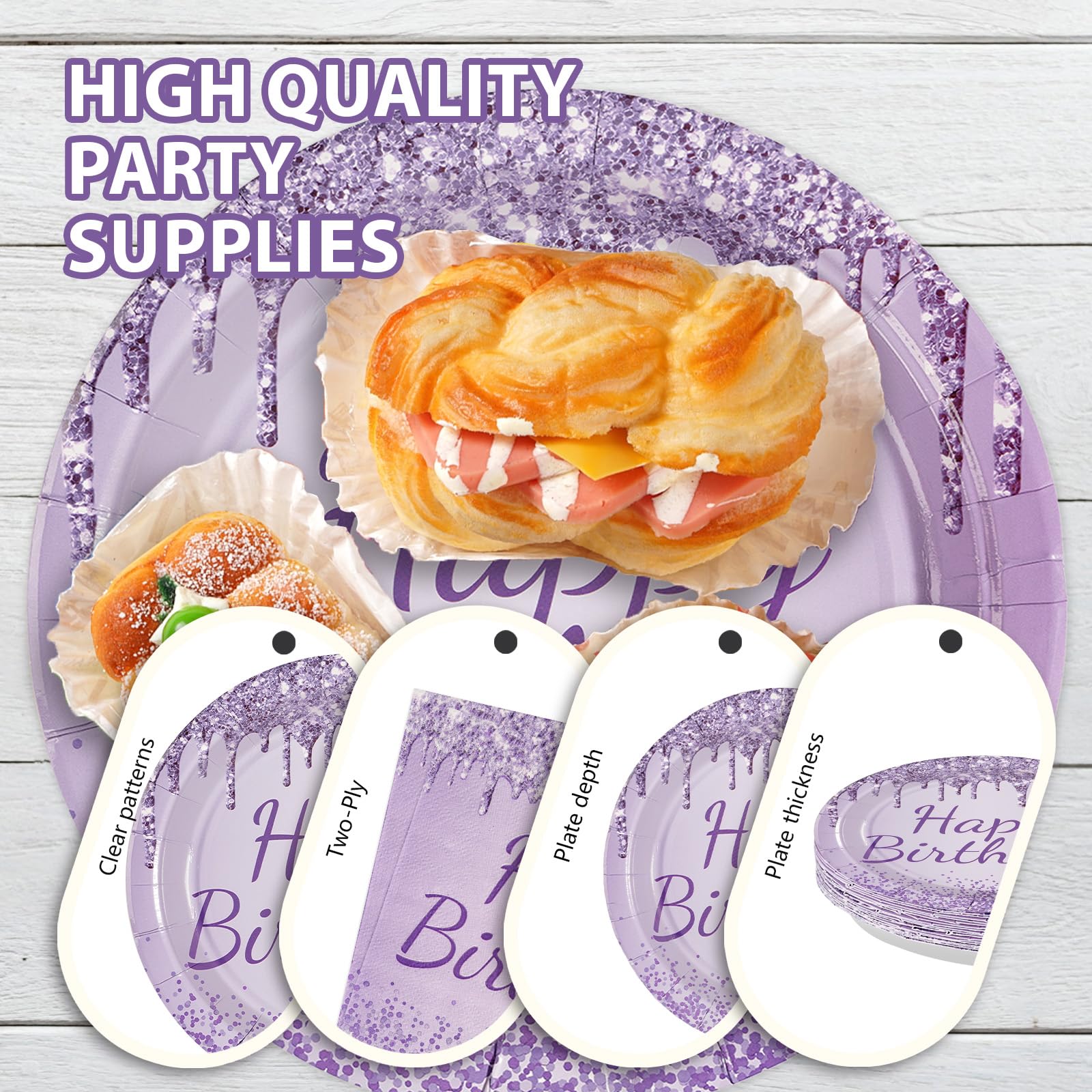 96 Pcs Purple Silver Birthday Party Plates and Napkins - Grencian