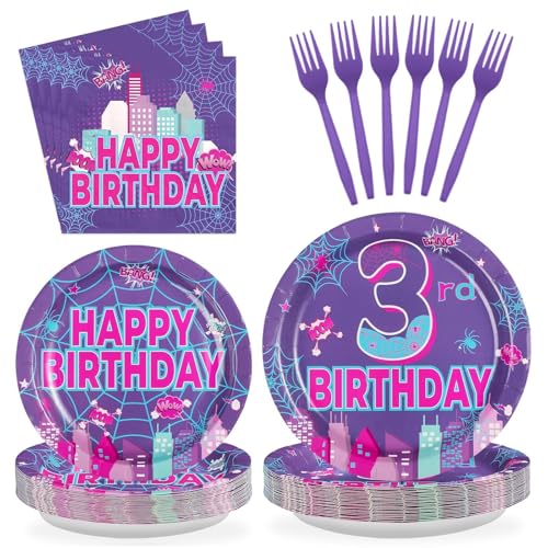 96 Pcs Purple Spider 3rd Birthday Party Plates and Napkins