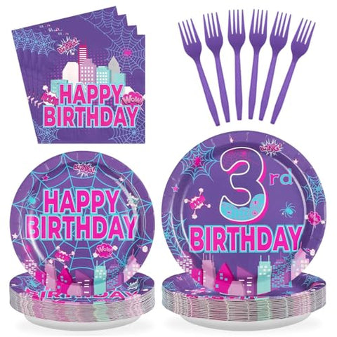 96 Pcs Purple Spider 3rd Birthday Party Plates and Napkins