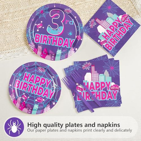 96 Pcs Purple Spider 3rd Birthday Party Plates and Napkins