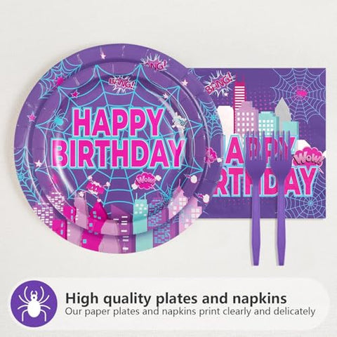 96 Pcs Purple Spider 3rd Birthday Party Plates and Napkins