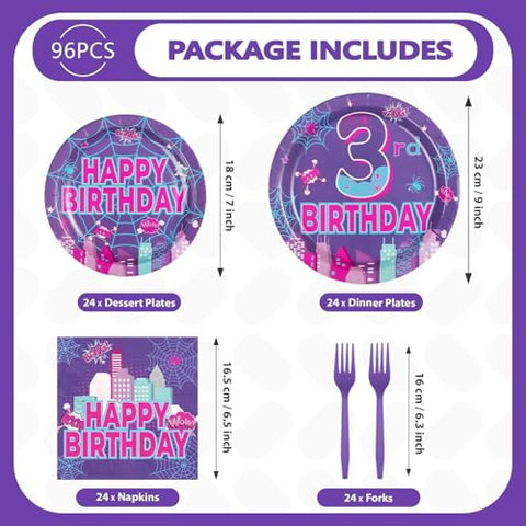 96 Pcs Purple Spider 3rd Birthday Party Plates and Napkins
