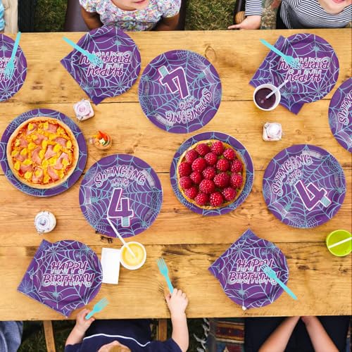 96 Pcs Purple Spiderweb 4th Birthday Party Plates and Napkins - Grencian