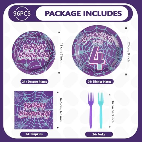 96 Pcs Purple Spiderweb 4th Birthday Party Plates and Napkins - Grencian