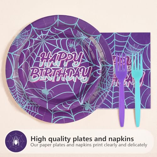 96 Pcs Purple Spiderweb 4th Birthday Party Plates and Napkins - Grencian