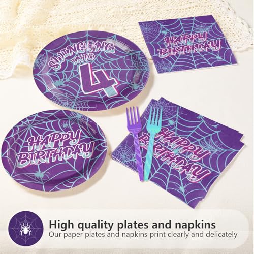 96 Pcs Purple Spiderweb 4th Birthday Party Plates and Napkins - Grencian