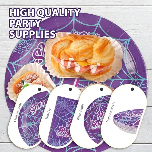 96 Pcs Purple Spiderweb 4th Birthday Party Plates and Napkins - Grencian