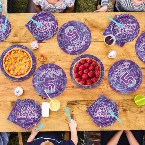 96 Pcs Purple Spiderweb 5th Birthday Party Plates and Napkins - Grencian