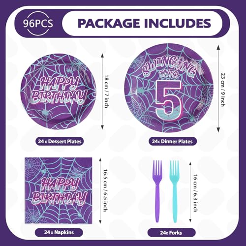 96 Pcs Purple Spiderweb 5th Birthday Party Plates and Napkins - Grencian