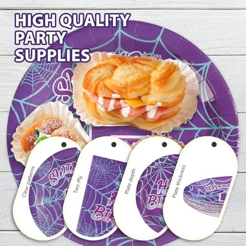 96 Pcs Purple Spiderweb 5th Birthday Party Plates and Napkins - Grencian