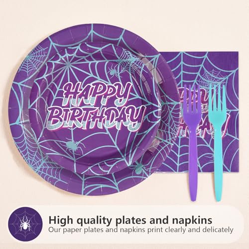 96 Pcs Purple Spiderweb 5th Birthday Party Plates and Napkins - Grencian