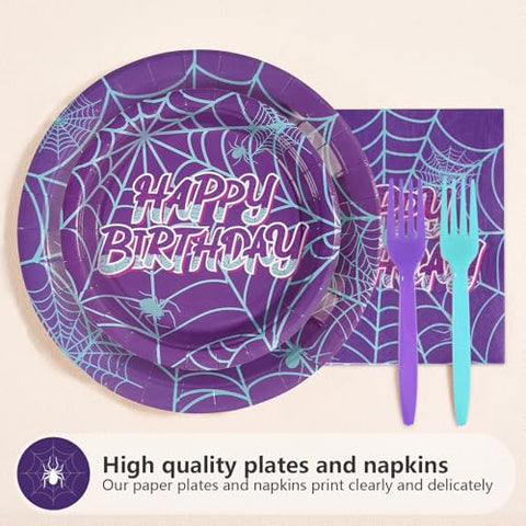 96 Pcs Purple Spiderweb 5th Birthday Party Plates and Napkins - Grencian