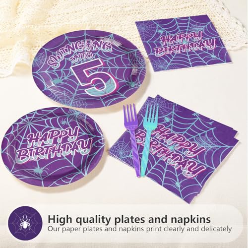 96 Pcs Purple Spiderweb 5th Birthday Party Plates and Napkins - Grencian